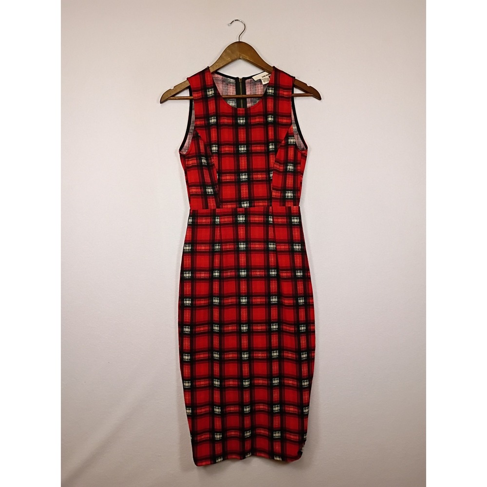 Dark Academia Sans Souci Womens Small Red Plaid Sleeveless Bodycon Midi Dress